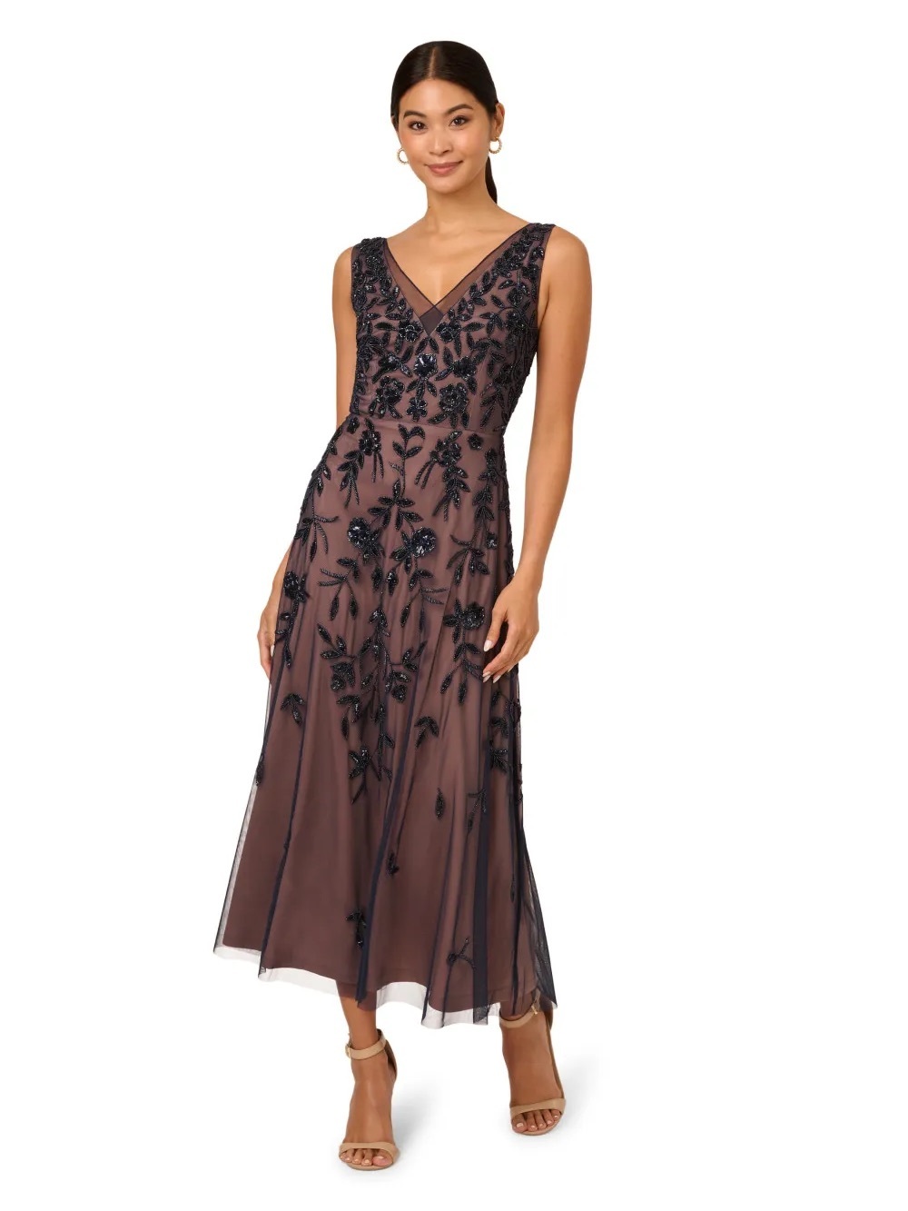 Adrianna Papell Size 6 Beaded Midi Dress NWT Navy Mocha Formal Cocktail GALA MOB